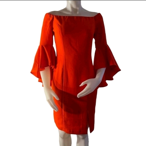 Venus Orange Off The Shoulder Bodycon Slit Tiered Ruffle Bell Sleeve Dress - Picture 3 of 6